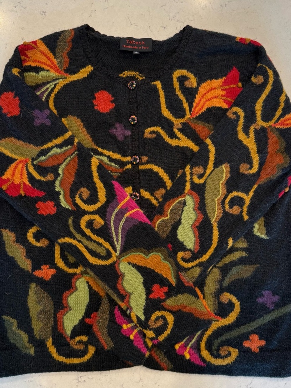 Handmade Alpaca Wool Black Floral Cardigan